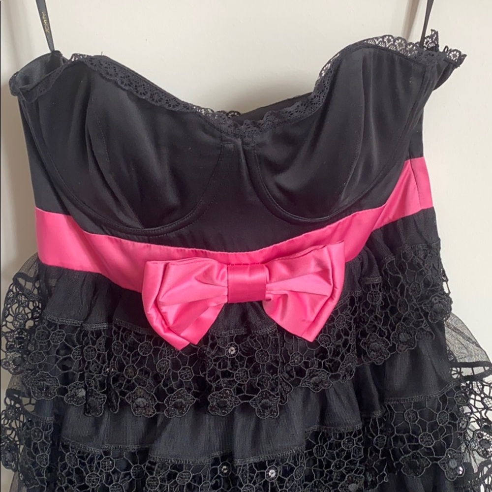 Betsey Johnson Black Sequin Dress with Pink Bow - Picture 2 of 7
